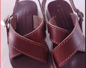 Sandalias de cuero griego para niños, hechas a mano en Creta (talla 30, talla 23)