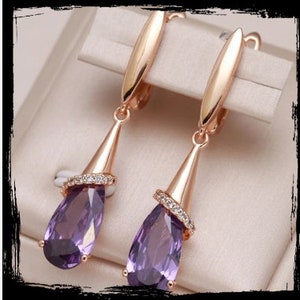 585 Rose Gold Plated Long Earrings + Necklace Purple for Women