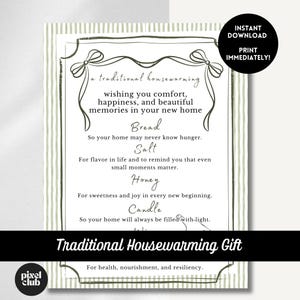 Op de afbeelding: Een traditionele housewarming cadeau print met tekst die comfort, geluk en mooie herinneringen wenst. De print bevat de woorden "Brood", "Zout", "Honing" en "Kaars". De print staat op een gestreepte achtergrond.