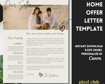 May include: A printable home offer letter template with a family photo and the text "Dear Seller, We are in love with your home." The template is 8.5x11 inches and can be personalized in Canva. The template is available for instant download.