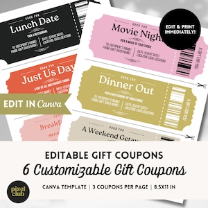 Retro Editable Coupon Template, Printable Birthday Coupons, Anniversary Gift, Mother&#39;s Day Coupons, Love Coupons, Coupon Book Template