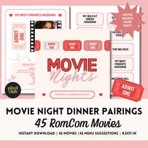 Maridajes para cenas de noche de cine, Noche de cine, RomComs, Amante del cine, Regalo de último minuto, Menú de cena, Tarjetas imprimibles de películas, Noche de chicas en