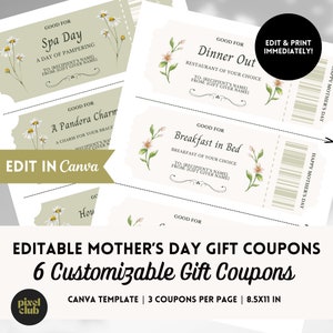 Editable Mother&#39;s Day Coupons, Mother&#39;s Day Gift, Printable Mothers Day Coupons, Personalized Gift, Gift for Her, Love Coupons, Coupon Book