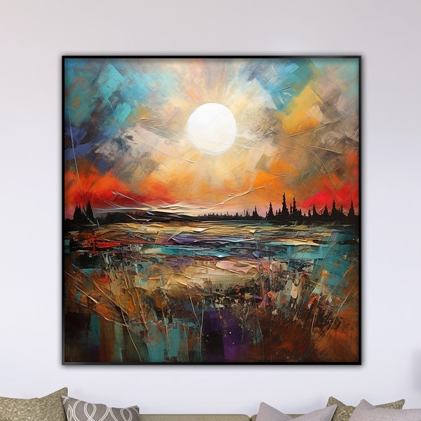 Sunset Landscape. 100% Hand Painted, Textured Painting, Acrylic Abstract Oil Painting, Wall Decor Living Room, Office Wall