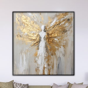 White Angel Gold Wings 100% Hand Painted, Textured Painting, Acrylic Abstract Oil Painting, Wall Decor Living Room, Office Wall