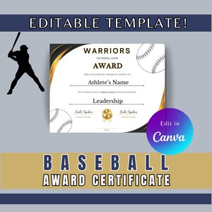 Certificado de béisbol editable, premio de béisbol editable, premio de jugador de béisbol, certificado de temporada de béisbol