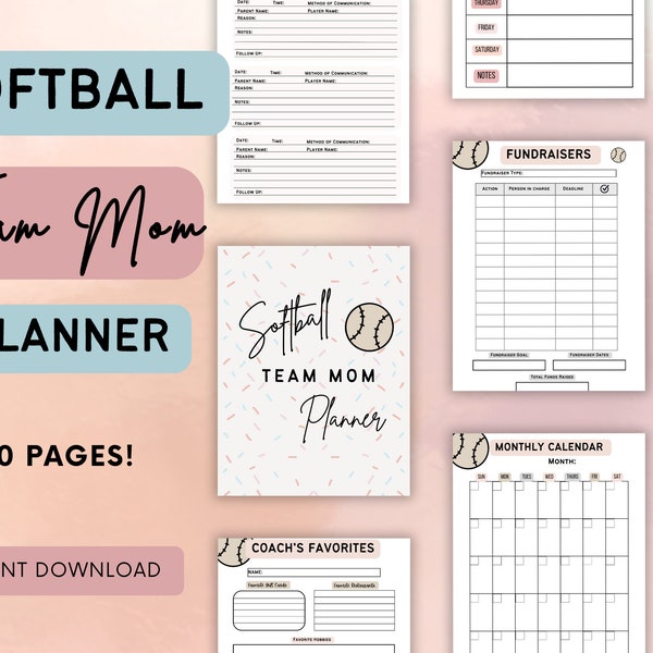 Softball Team Mom Planner, Softball Planner, Softball Mom Planner, Softball Binder, Softball Forms