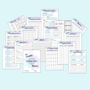 May include: A printable set of volleyball coach planner pages with a watercolor background. The pages include a practice planner, season summary, game schedule, roster, new drills, notes, monthly calendar, parent communication log, season goals, and basic skill assessment.