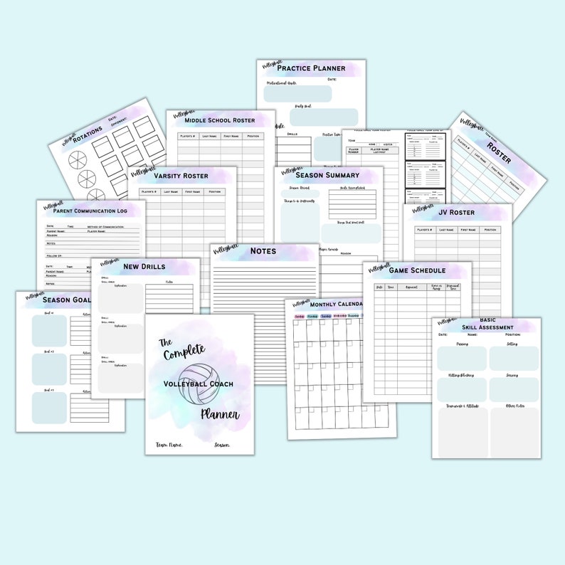 May include: A printable set of volleyball coach planner pages with a watercolor background. The pages include a practice planner, season summary, game schedule, roster, new drills, notes, monthly calendar, parent communication log, season goals, and basic skill assessment.