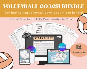 Könnte beinhalten: Ein digitales Produktpaket für Volleyballtrainer. Das Paket enthält 12 druckbare Ressourcen, wie z. B. einen Spielplan, einen Probetrainingsplan, ein Statistikblatt und Team-Anfeuerungsrufe. Die Ressourcen sind vollständig anpassbar in Canva und stehen zum sofortigen Download bereit. Das Bild zeigt einen Volleyball, einen Laptop und mehrere druckbare Ressourcen.