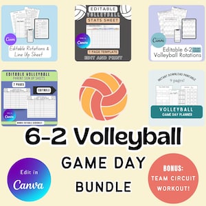 Volleyball Game Day Bundle, Editable 6-2 Rotations, Editable Line Up Sheets, Editable Volleyball Stats Sheet, Volleyball Planner, Canva, PDF
