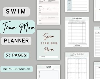 Könnte beinhalten: Ein druckbarer digitaler Planer für Schwimmteam-Mütter. Der Planer enthält Seiten für Notizen, Spendenaktionen, einen Monatskalender und Ausrüstungslisten. Das Cover zeigt einen türkisfarbenen Hintergrund mit dem Text "Swim Team Mom Planner" in braunen Buchstaben.