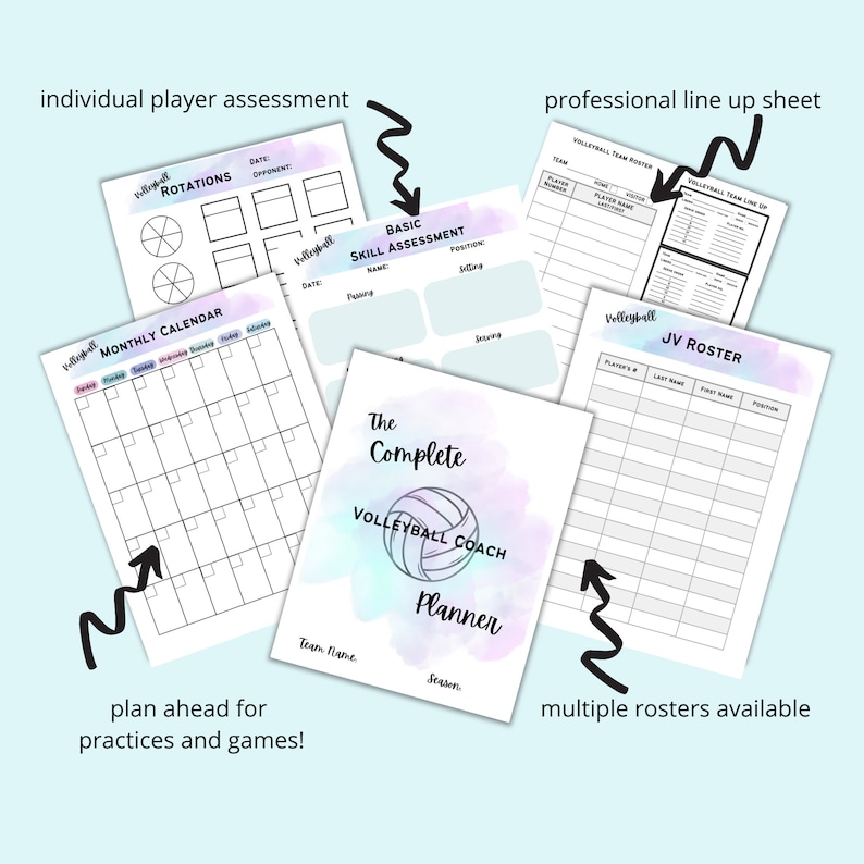 May include: A set of printable volleyball coach planner pages with a watercolor background. The pages include a monthly calendar, a basic skill assessment, a team roster, and a professional line-up sheet. The pages are designed to help coaches plan practices and games.