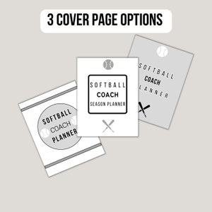 K&ouml;nnte beinhalten: Drei verschiedene Titelseitenoptionen f&uuml;r einen Softball-Trainer-Planer. Die erste Option zeigt einen Softball und Schl&auml;ger mit dem Text "Softball Coach Planner". Die zweite Option zeigt einen Softball und Schl&auml;ger mit dem Text "Softball Coach Season Planner". Die dritte Option zeigt einen Softball und Schl&auml;ger mit dem Text "Softball Coach Planner".