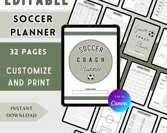 May include: Editable soccer coach planner with 32 pages. The planner includes a game schedule, new drills, uniform tracker, athlete contacts, monthly calendar, and season summary. The planner is customizable and printable. Edit in Canva.