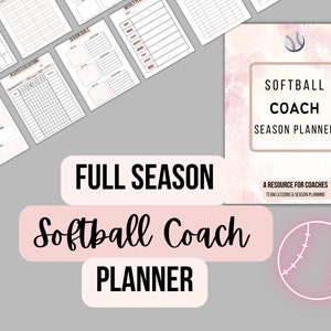 Könnte beinhalten: Ein rosa-weißer Aquarellhintergrund mit einer Softballgrafik und dem Text "Softball Coach Season Planner" in einem braunen Rechteck. Der Text "A Resource for Coaches Team Lessons & Season Planning" befindet sich unter dem Rechteck. Der Text "Full Season Softball Coach Planner" befindet sich in einem rosa Rechteck mit schwarzem Text.