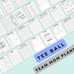 May include: A printable planner for a tee ball team mom. The planner includes pages for fundraising, practice schedules, game schedules, to-do lists, weekly planners, and more. The pages are decorated with a baseball theme.