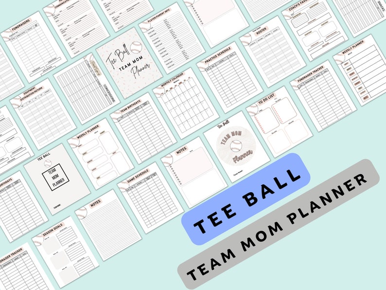 May include: A printable planner for a tee ball team mom. The planner includes pages for fundraising, practice schedules, game schedules, to-do lists, weekly planners, and more. The pages are decorated with a baseball theme.