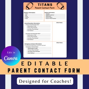 Parent Contact Form Template, Editable Athlete Contact Form, Customizable Team Contact Forms