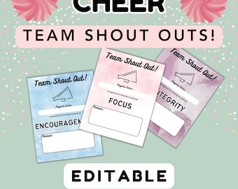 Puede incluir: Cartas imprimibles editables con un fondo de acuarela y un icono de megáfono. Las tarjetas dicen "Team Shout Out!" y tienen espacio para escribir el nombre de un jugador, la razón del grito y el valor que se reconoce, como "Animación", "Enfoque" o "Integridad". El texto "¡Incluye 32 tarjetas!" está en la parte inferior de la imagen.