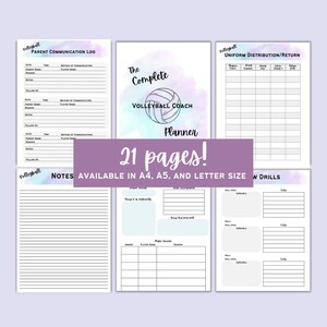 May include: A printable volleyball coach planner with a watercolor background. The planner includes pages for parent communication, uniform distribution, notes, and drills. The cover features a volleyball with the text "The Complete Volleyball Coach Planner".