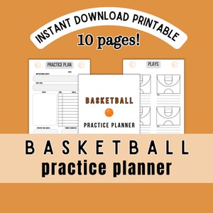 Puede incluir: Planificador de práctica de baloncesto imprimible con 10 páginas. El planificador incluye una página de plan de práctica, una página de jugadas y un diagrama de cancha de baloncesto.