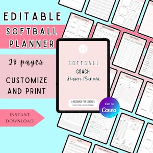 May include: Editable Softball Coach Season Planner with 28 pages. The planner includes a monthly calendar, game schedule, practice planner, roster, and parent communication pages. The planner is designed to help coaches plan and organise their season. The planner is available for instant download and can be customised in Canva.