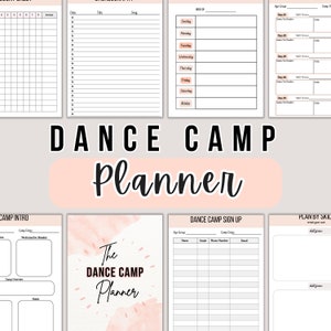 May include: A printable planner for a dance camp. The planner includes sections for camp intro, sign up, weekly schedule, daily schedule, and a plan by skill section. The planner has a pink and white watercolour background with the text "Dance Camp Planner" in black.