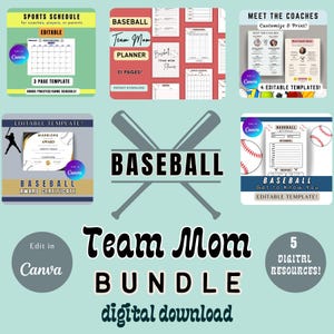 Può includere: Un pacchetto di download digitale per le mamme delle squadre di baseball. Il pacchetto include 5 risorse stampabili: un calendario sportivo, un planner per le mamme delle squadre, un modello per conoscere gli allenatori, un certificato di premio di baseball e un modello per conoscersi. Le risorse sono modificabili in Canva.