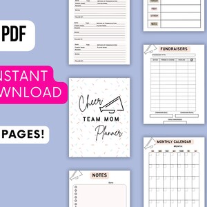 May include: A printable planner for cheer team moms. The cover features a pink, white, and blue confetti pattern with a black megaphone and the text "Cheer Team Mom Planner".