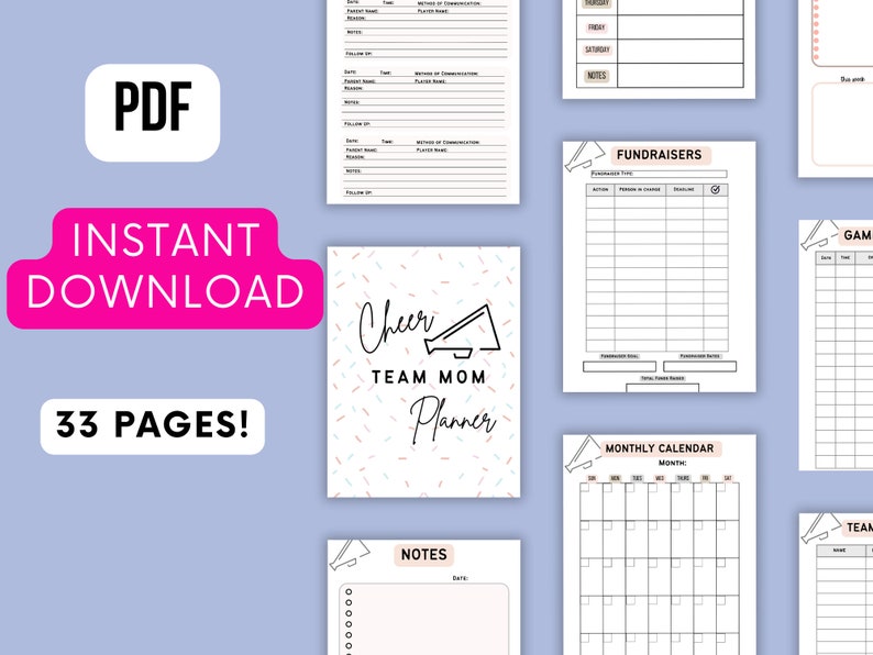 May include: A printable planner for cheer team moms. The cover features a pink, white, and blue confetti pattern with a black megaphone and the text "Cheer Team Mom Planner".