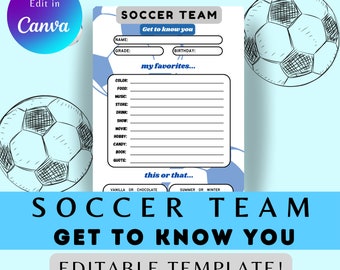 Editable Soccer Get to Know You, Soccer Team Favorites Sheet, Editable Favorites Sheet, Soccer Team Get to Know You
