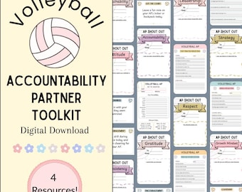 May include: A volleyball accountability partner toolkit digital download featuring a pale yellow cover with a volleyball graphic, the text Volleyball Accountability Partner Toolkit, 4 Resources, and a series of printable forms with prompts.