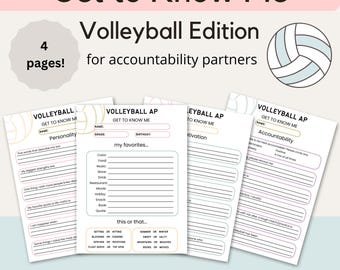 May include: A four-page Get to Know Me Volleyball Edition printable set for accountability partners. The pages feature sections for personal information, favourites, and this or that questions, with a volleyball graphic and text.