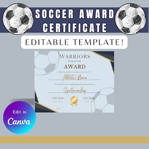 以下が含まれることがあります： サッカーアワード証明書のテンプレート。サッカーボールのイラスト付き。証明書には「Warriors 2024 Soccer Season Award」と記載され、アスリートの名前とコーチの署名欄があります。Canvaで編集可能。