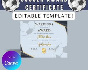 Editable Soccer Award, Editable Soccer Certificate, Soccer Player Awards, End of Season Soccer Certificate