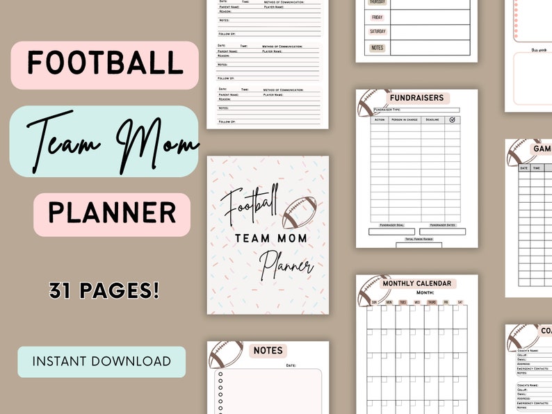 PDF Fussball Mom Planer, Fussball Team Mom Planer, Fussball Sammelplaner, Team Mom Sammelplaner, Team Mom Planner Bild 1
