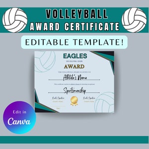 Editable Volleyball Certificate, Editable Volleyball Award, Volleyball Team Awards, Volleyball Certificates, Volleyball End of Season Awards