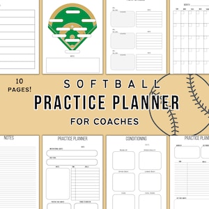 May include: A printable softball practice planner for coaches. The planner includes pages for practice plans, conditioning, and a monthly calendar. The cover features a green and brown softball field with a baseball in the corner.