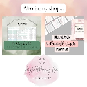May include: Two printable digital planners for volleyball coaches. The first planner is a practice planner with 8 pages. The second planner is a full season planner. Both planners are in black and white with a pink and green watercolor background.