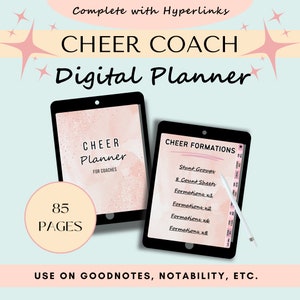 May include: A digital planner for cheer coaches with 85 pages. The cover features a pink and white watercolor background with the text "CHEER PLANNER FOR COACHES". The planner includes sections for stunt groups, 8 count sheets, and formations.