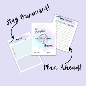 May include: A printable planner for volleyball coaches with a watercolor background and a volleyball graphic. The planner includes sections for notes, game schedule, team name, and season.