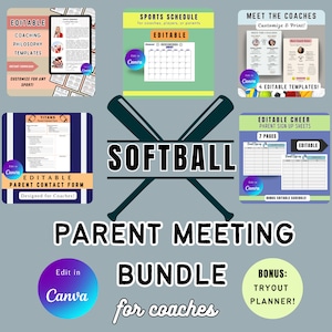 May include: A digital product bundle for softball coaches. The bundle includes editable templates for coaching philosophy, parent contact forms, sports schedules, meet the coaches, cheer sign-up sheets, and a tryout planner. The bundle is designed to be used with Canva.