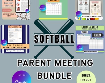 Puede incluir: Un paquete de productos digitales para entrenadores de softbol. El paquete incluye plantillas editables para la filosofía de entrenamiento, formularios de contacto de los padres, calendarios deportivos, reuniones con los entrenadores, hojas de inscripción para animar y un planificador de pruebas. El paquete está diseñado para ser utilizado con Canva.
