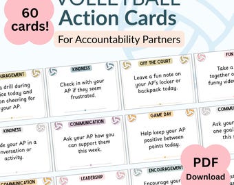 May include: A set of 60 printable volleyball action cards for accountability partners. The cards feature pastel-coloured headers with categories like Kindness, Communication, and Game Day, each containing specific prompts and small volleyball icons.