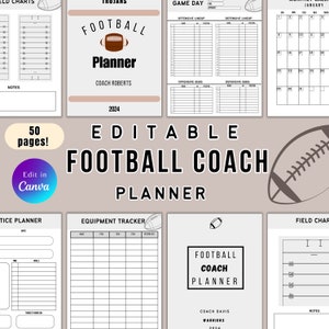 Bewerkbare voetbalcoachplanner, afdrukbare voetbalcoachplanner, voetbalteamorganisatie, American Football planner