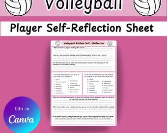 May include: A printable volleyball player self-reflection sheet with a pink background and a volleyball graphic. The sheet includes questions about the player's biggest challenge, how to overcome it, and how to improve their performance. It also includes a list of characteristics that players can bring to their team on a daily basis.