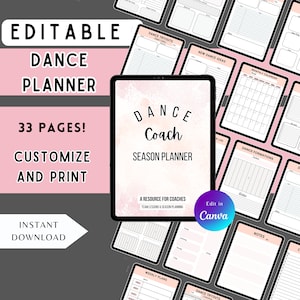 May include: A pink and white digital planner with the text "Dance Coach Season Planner" on the cover. The planner is a resource for coaches and includes pages for team lessons, season planning, dance tryouts, weekly plans, and more. The planner is editable in Canva.