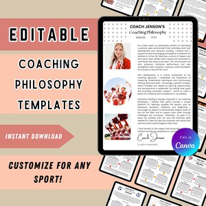 May include: Editable coaching philosophy template with a red and white colour scheme. The template features a photo of a cheerleading squad and the text "Coach Jenson's Coaching Philosophy Eagles 2024".