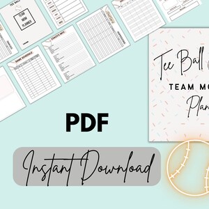 May include: Printable PDF planner for a tee ball team mom. The cover features a baseball with a pink, blue, and white confetti background. The text "Tee Ball Team Mom Planner" is in black.